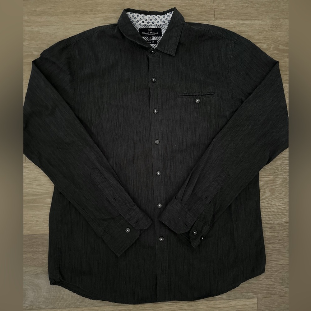 Button up/down shirt. Charcoal gray.